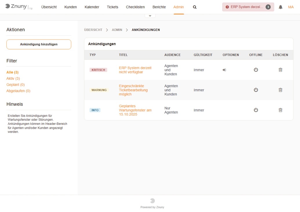 Admin-Übersicht aller Ankündigungen