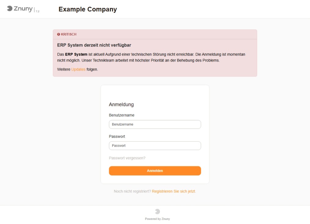 Ankündigung auf der Login-Seite für Kunden