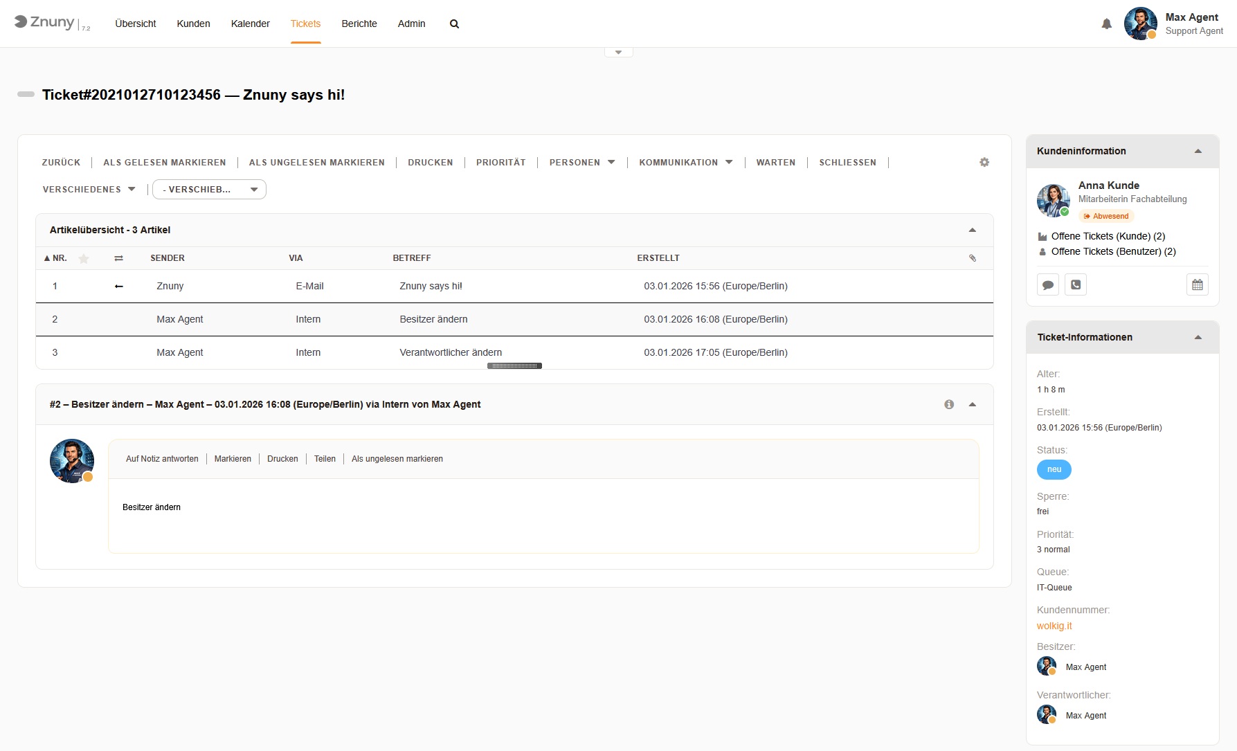 Ticket Zoom mit Kundeninformation